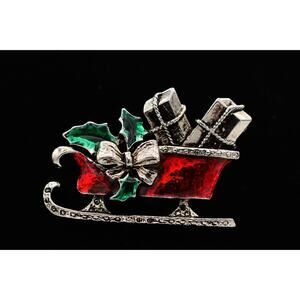 LIA Vintage Sleigh Pin Brooch Christmas Red Enamel Silver Holiday Signed Bin1